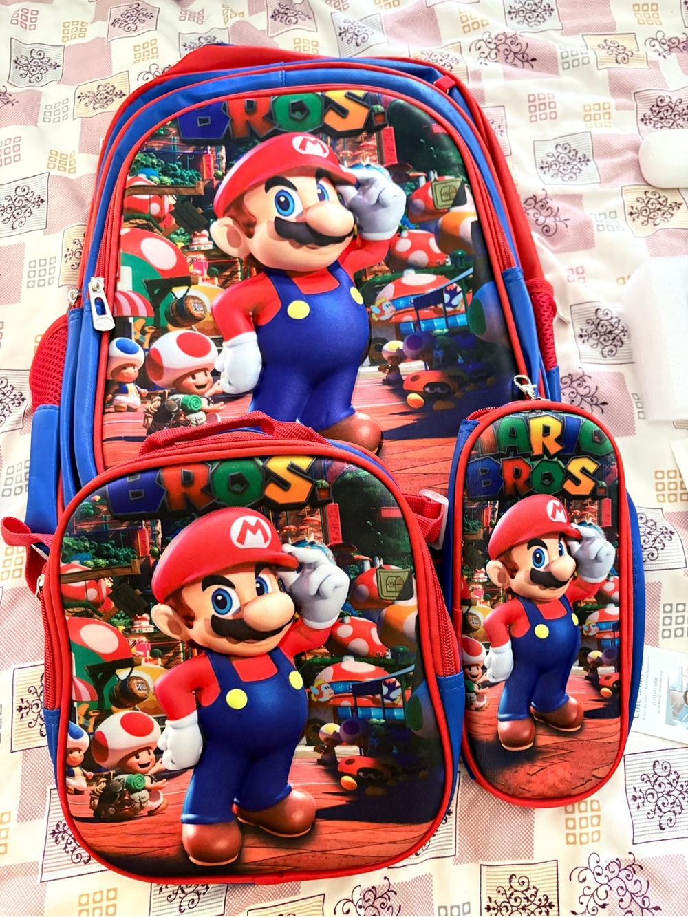 Red and Blue Kids Backpack Set with Cartoon Plumber Character